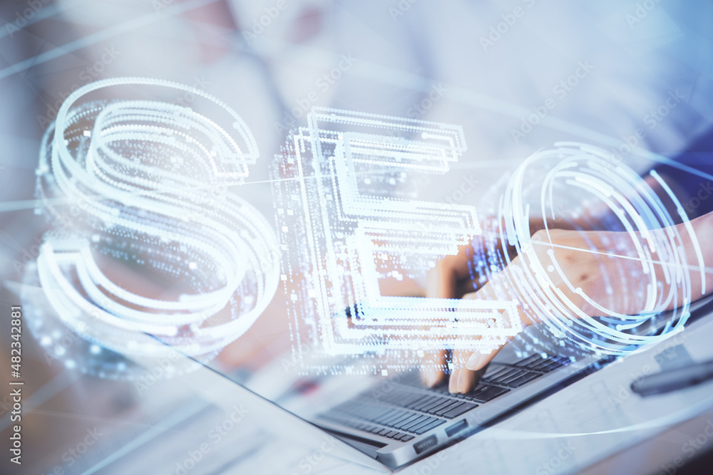 Poster double exposure of woman hands working on computer and seo hologram drawing. internet search concept
