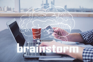 Double exposure of man hands holding a credit card and creative drawing. Start up and E-commerce...