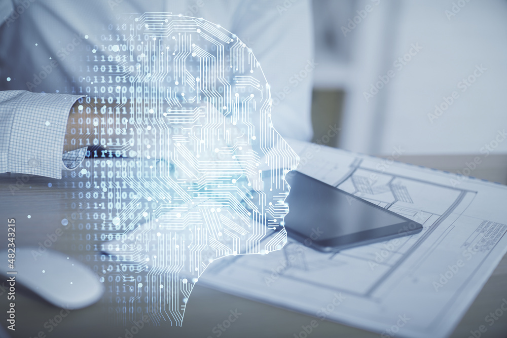 Poster double exposure of man's hand holding and using a digital device and brain hologram drawing. data co