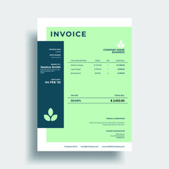 Modern and simple green and blue color invoice design template