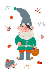 Little garden one-eyed gnome with beard. Cute elf holiday gnome with hat, eye patch and apples. Flat cartoon vector illustration. Children's illustration for a postcard, print for a T-shirt, for bag.