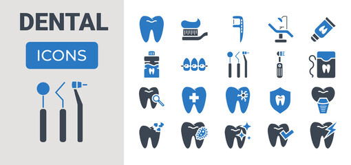 Fototapeta premium Dental related vector glyph icons set. Included icons dental chair, tooth paste, dental tools, dental floss, caries, toothbrush, toothpaste, toothache, implant. Isolated on white background