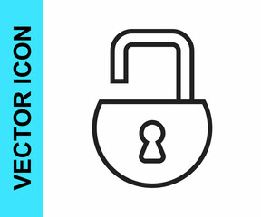 Black line Open padlock icon isolated on white background. Opened lock sign. Cyber security concept. Digital data protection. Vector