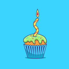 Bright colored cupcake with a candle on a blue background