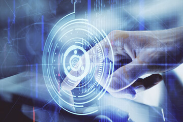 Multi exposure of man's hand holding and using a digital device and data theme drawing. Innovation concept.