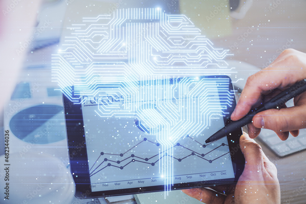 Poster double exposure of man's hand holding and using a digital device and brain hologram drawing. data co