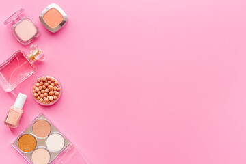 Frame of decorative makeup cosmetic products. Beauty background