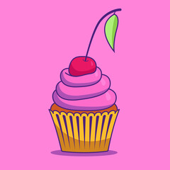 Brightly colored cupcake with a cherry branch on a pink background