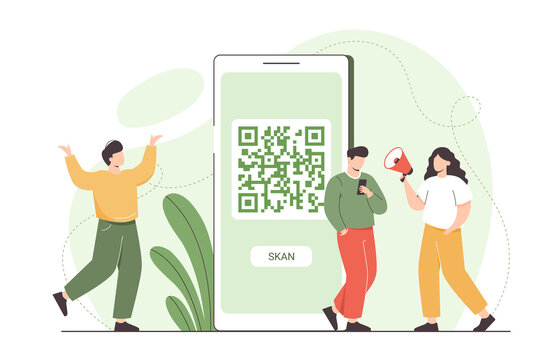 Flat man with mobile phone scanning qr code for online payment and internet shopping. Characters standing near big smartphone with qr symbol on device screen and using scanner id app for pay.