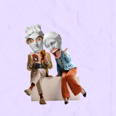 Modern design, contemporary art collage. Stylish couple headed with ancient statue heads reading...