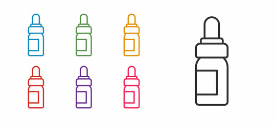 Set line Essential oil bottle icon isolated on white background. Organic aromatherapy essence. Skin care serum glass drop package. Set icons colorful. Vector