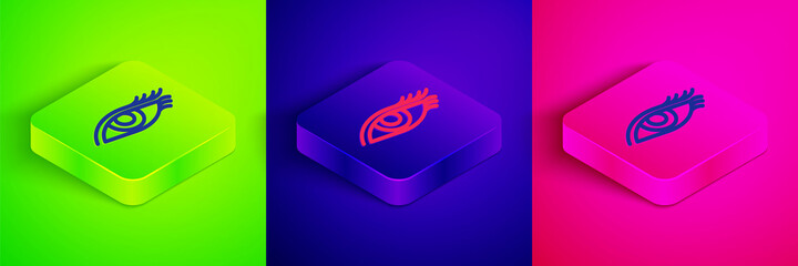 Isometric line Beautiful woman eye icon isolated on green, blue and pink background. Square button. Vector