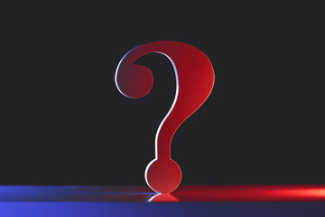 Neon red question mark symbol shape on a blue desk and black. Q and A FAQ