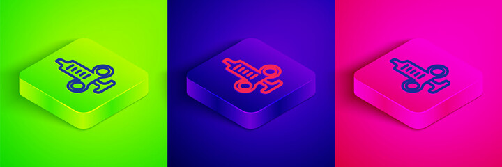 Isometric line Syringe icon isolated on green, blue and pink background. Syringe for vaccine, vaccination, injection, flu shot. Medical equipment. Square button. Vector