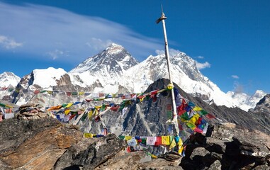 Mount Everest and Lhotse with buddhist prayer flags