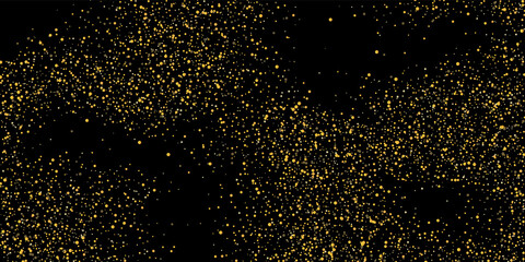 Gold glitter confetti on a black background. Shiny sand particles are scattered. Decorative items. Luxury background for your design, greeting cards, invitations, vector