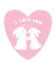 White bunnies in pink heart. Two rabbits holding hands. Lovely couple in love. Romantic vector illustration for happy lovers day. Flat style. Great for postcard on valentine's day.