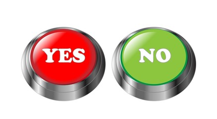 Green and red round buttons Yes or No with highlight on a white background. Vector.