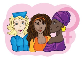 Women of different nationalities on a pink background with the sign of Venus. Friendship poster, the union of feminists or sisterhood. 