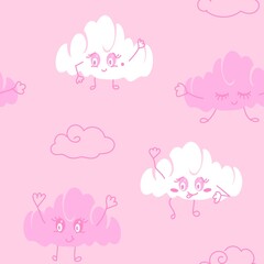 Pink clouds pattern. Seamless cartoon clouds pattern for animation. Cheerful clouds with cute faces.