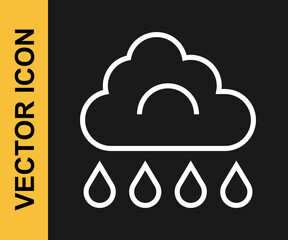 White line Cloud with rain icon isolated on black background. Rain cloud precipitation with rain drops. Vector