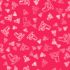White line Skates icon isolated seamless pattern on red background. Ice skate shoes icon. Sport boots with blades. Vector