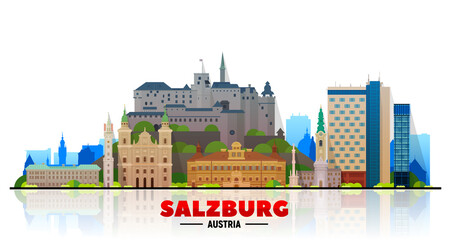 Fototapeta premium Salzburg (Austria) city skyline vector at white background. Flat vector illustration. Business travel and tourism concept with modern buildings. Image for banner or website.