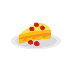 A piece of sweet cake with fresh strawberries and chocolate icing is placed on a white plate.