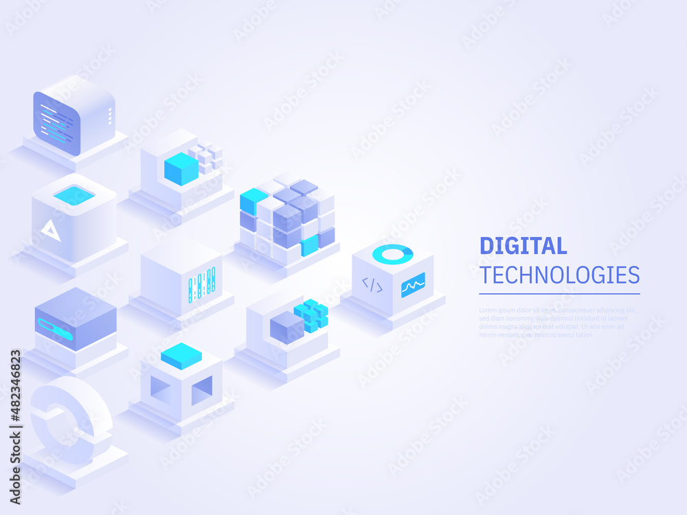 Wall mural web banner design of digital technologies concept. abstract isometric cubes with text place on white