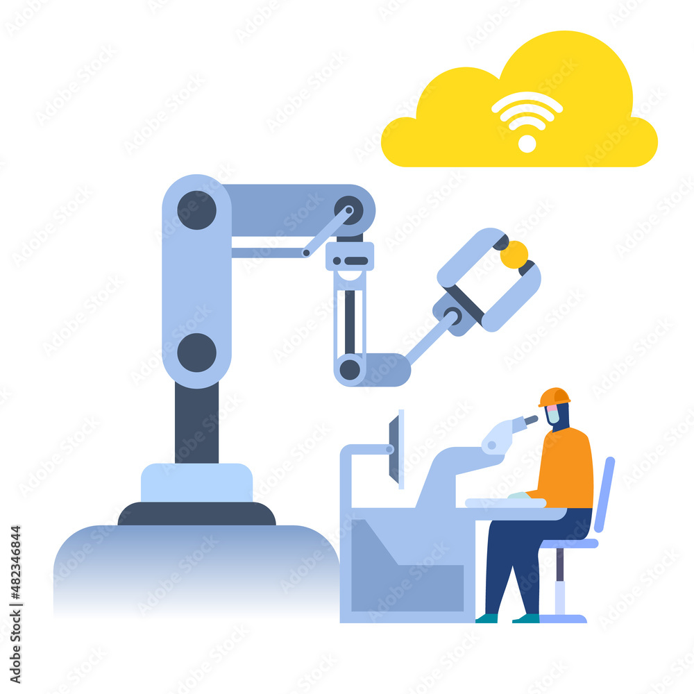Poster manufacturing process at automated production industry. operator works with robotic arm assembles pr
