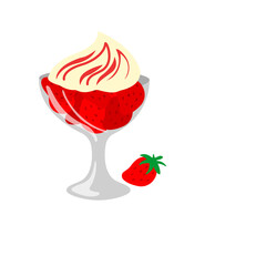 In a glass, a creamy fruit layer dessert with strawberries and mint. a white backdrop