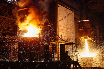 Ingot casting, metal sparks. Ladle-furnace. Iron smelting, Steel production. Electric steel...