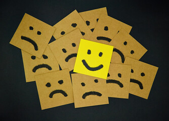 Smile and sad emotion. Paper sticky on black board.