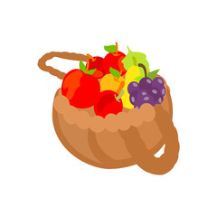 Fruit basket in a cartoon style (apples, oranges, bananas, pears and blueberries). Vector illustration in a flat style.
