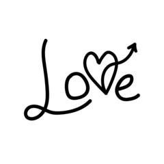 Linear doodle arrow with heart and Lettering handwriting Love. Pointer love, trajectory, like. Vector design element for social media, valentines day and romantic designs.