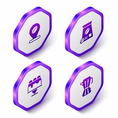 Set Isometric Location with coffee bean, Bag beans, Cake and Coffee maker moca pot icon. Purple hexagon button. Vector