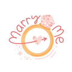 Marry me print with wedding ring with large stone. Hand written linear text, pierced heart. Jewelry with diamond. Valentine's Day card, sticker. Romantic vector illustration.