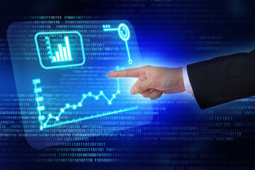 Businessman press on digital screen, digital transformation in business and financial analytics concept
