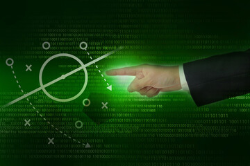 hand of football manager point to tactic plan , soccer coach learning