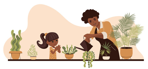 African American mother and daughter watering flowers. Houseplant care. Flat vector illustration