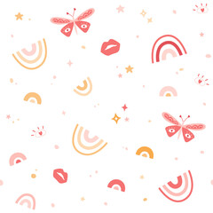 Magic butterfly, simple rainbow, lips, stars and heart in eyes. Seamless pattern for Valentines Day, elegant spring background.