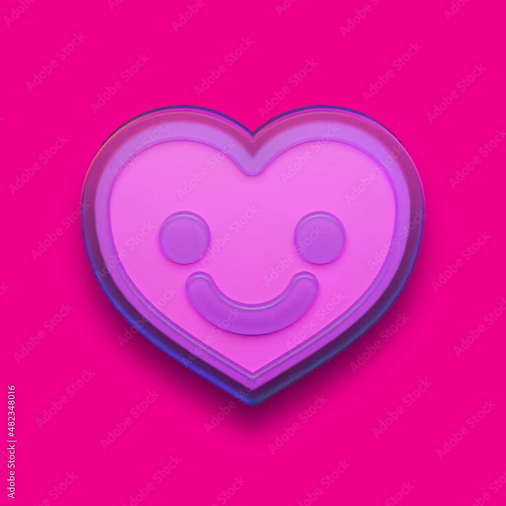 Poster heart with smiling face inside symbol. valentine's day concept icon in plastic or glass design with 
