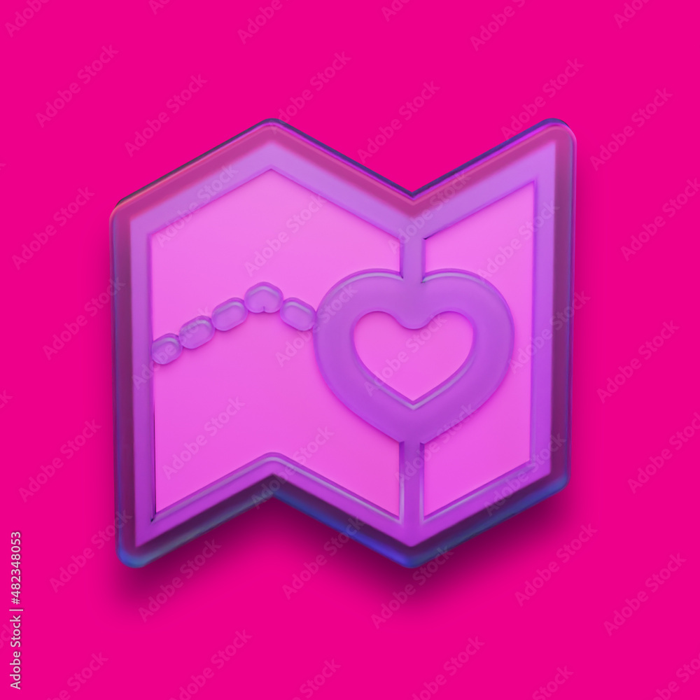 Poster map with heart location symbol. valentine's day concept icon in plastic or glass design with reflect