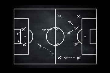 Football team strategy and play tactic on the black board