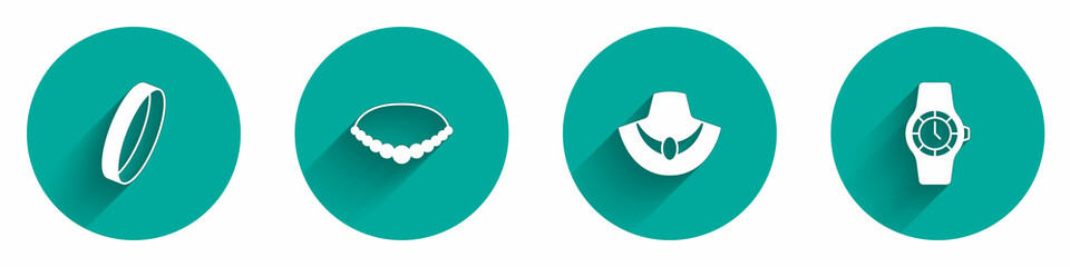 Set Wedding ring, Pearl necklace, Necklace on mannequin and Wrist watch icon with long shadow. Vector