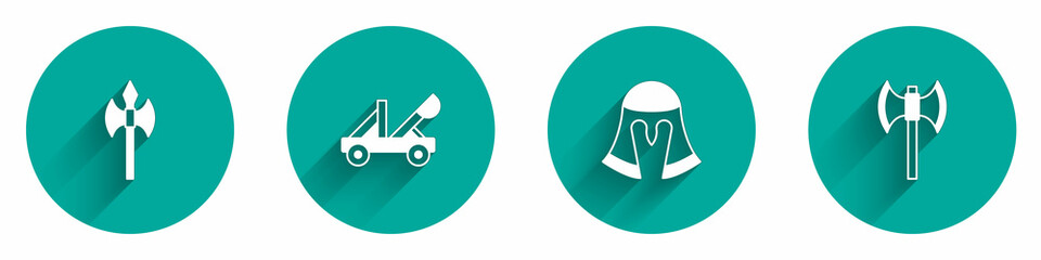 Set Medieval axe, catapult, helmet and poleaxe icon with long shadow. Vector