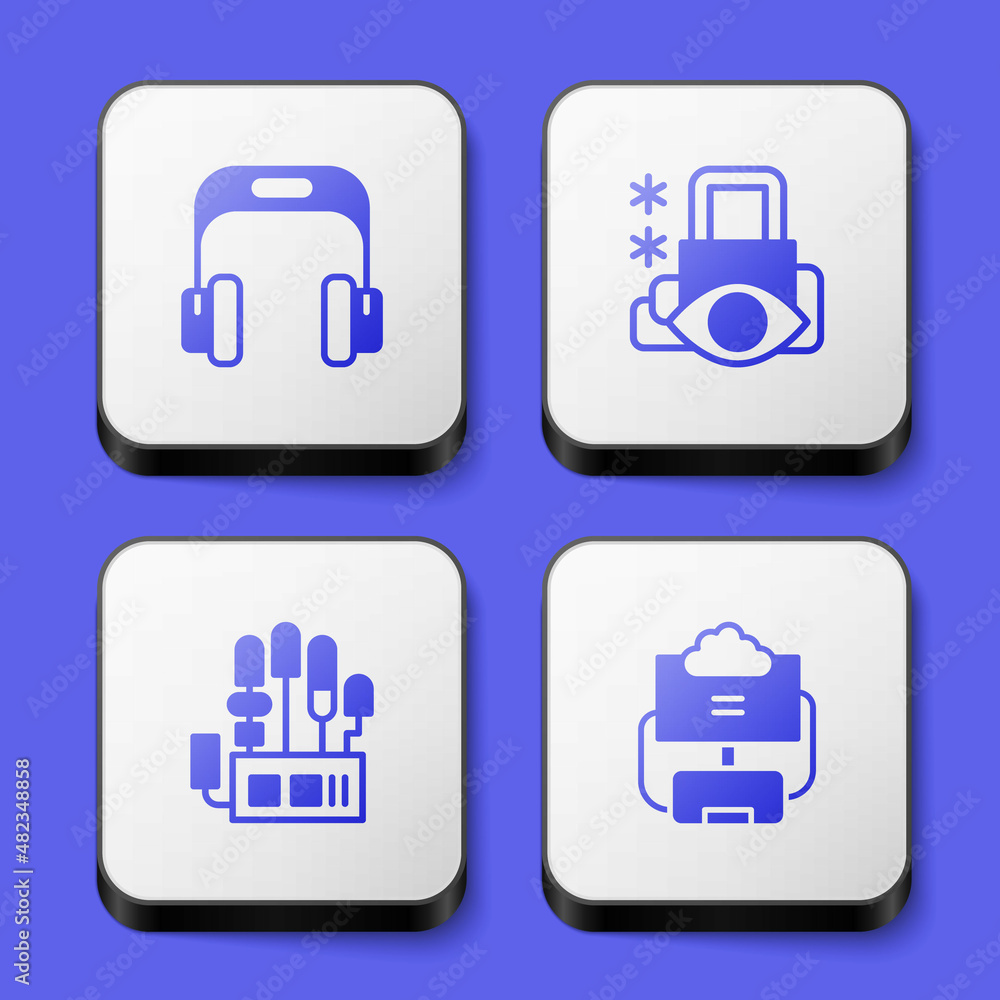 Poster set headphones, cyber security, mechanical robot hand and cloud database icon. white square button. 