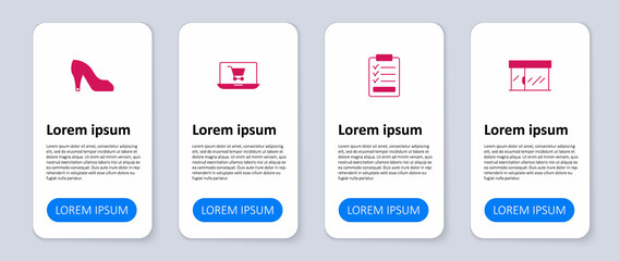 Set Market store, Clipboard with checklist, Shopping cart on screen laptop and Woman shoe. Business infographic template. Vector