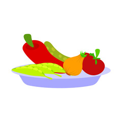 a vector illustration of a plate with various vegetables and fruits