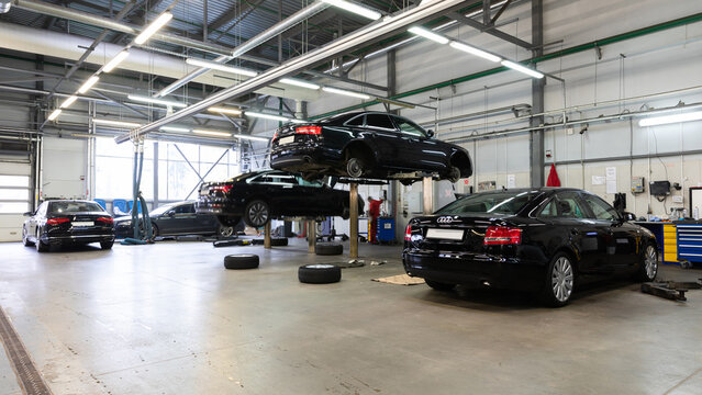 Minsk, Belarus - Jan 05, 2022: Car Service Center Audi Cars On A Lift